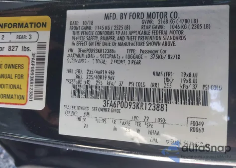 2019 Ford Fusion Titanium z USA, uszkodzony, nr VIN 3FA6P0D93KR123881